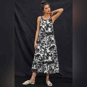 Anthropologie Maeve Black & White Chrysanthemum Wide Leg Jumpsuit L NWT